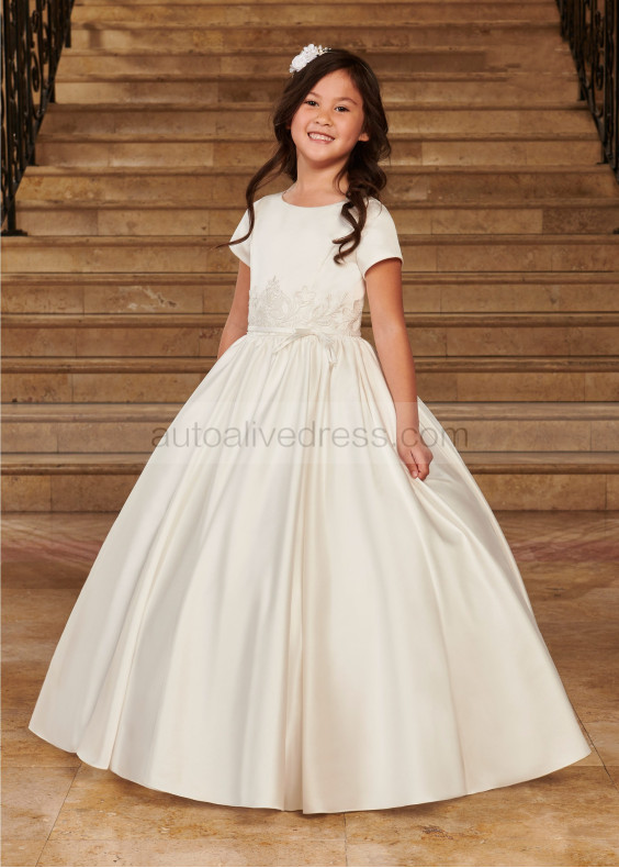 Short Sleeves Ivory Satin Lace Charming Flower Girl Dress